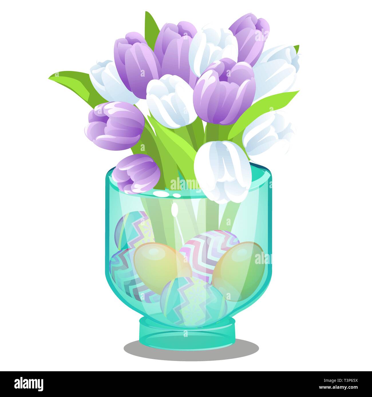 Glass vase with fresh flowers tulips and Easter eggs isolated on white  background. Vector cartoon close-up illustration Stock Vector Image & Art -  Alamy