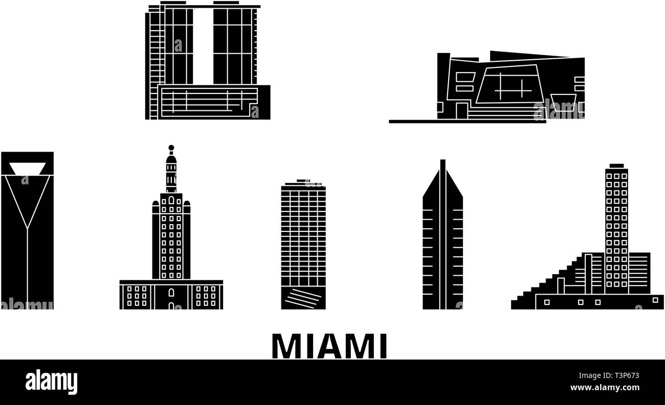 United States, Miami flat travel skyline set. United States, Miami black city vector illustration, symbol, travel sights, landmarks. Stock Vector