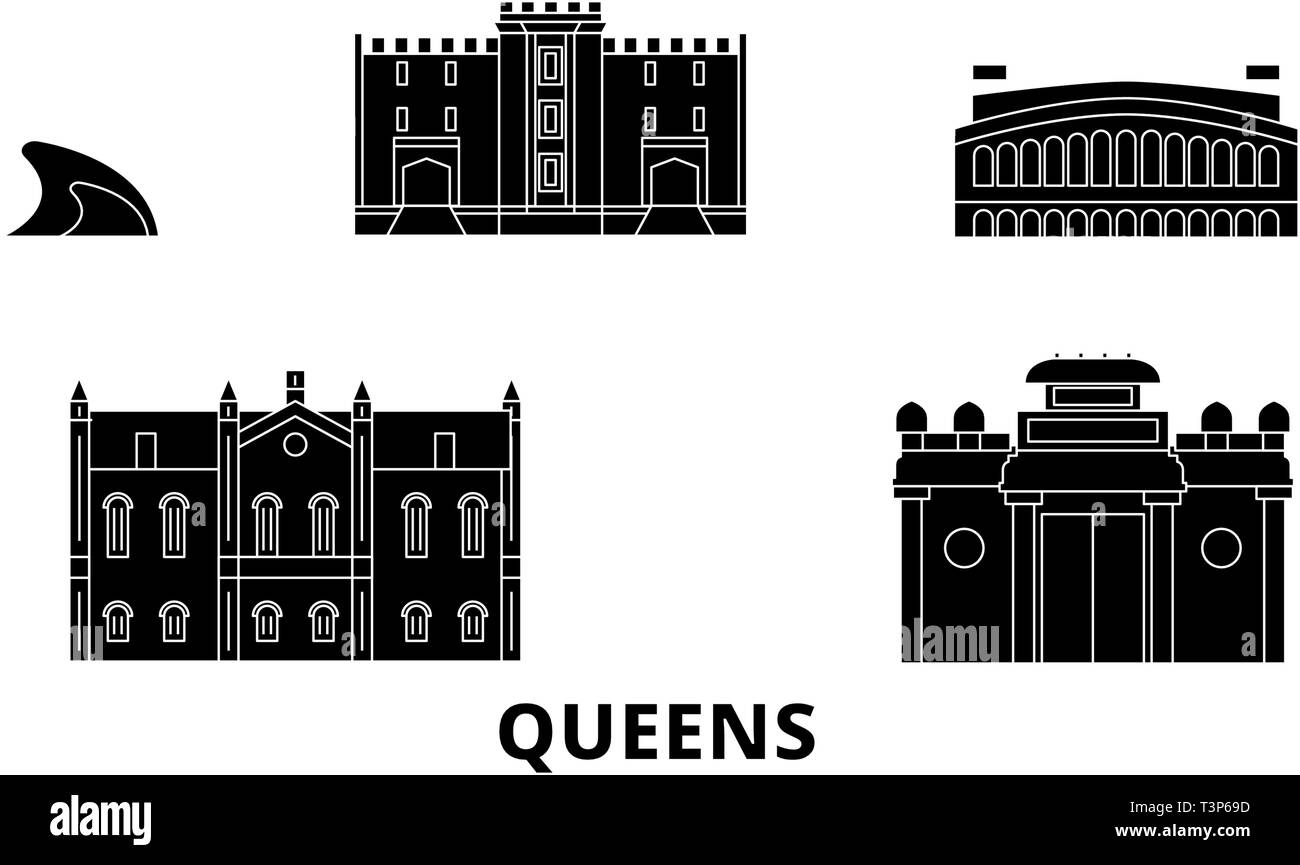 United States, New York Queens flat travel skyline set. United States, New York Queens black city vector illustration, symbol, travel sights Stock Vector