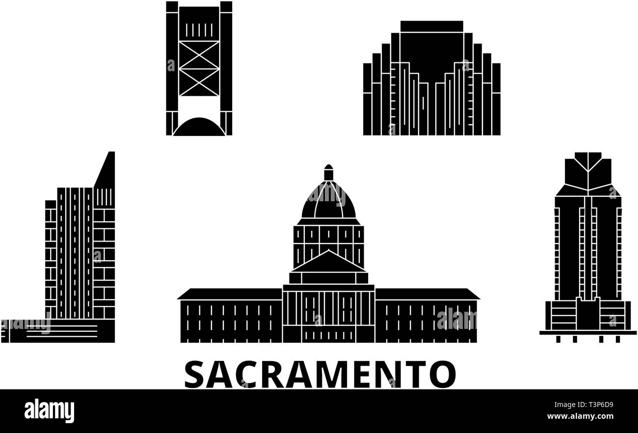 United States, Sacramento flat travel skyline set. United States, Sacramento black city vector illustration, symbol, travel sights, landmarks. Stock Vector