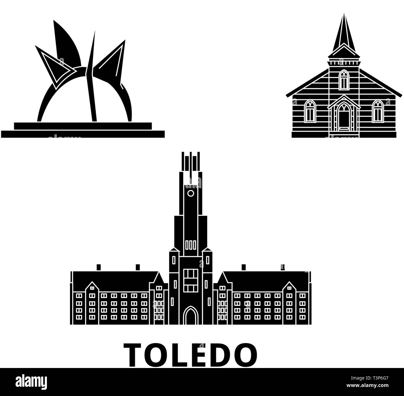 United States, Toledo flat travel skyline set. United States, Toledo black city vector illustration, symbol, travel sights, landmarks. Stock Vector