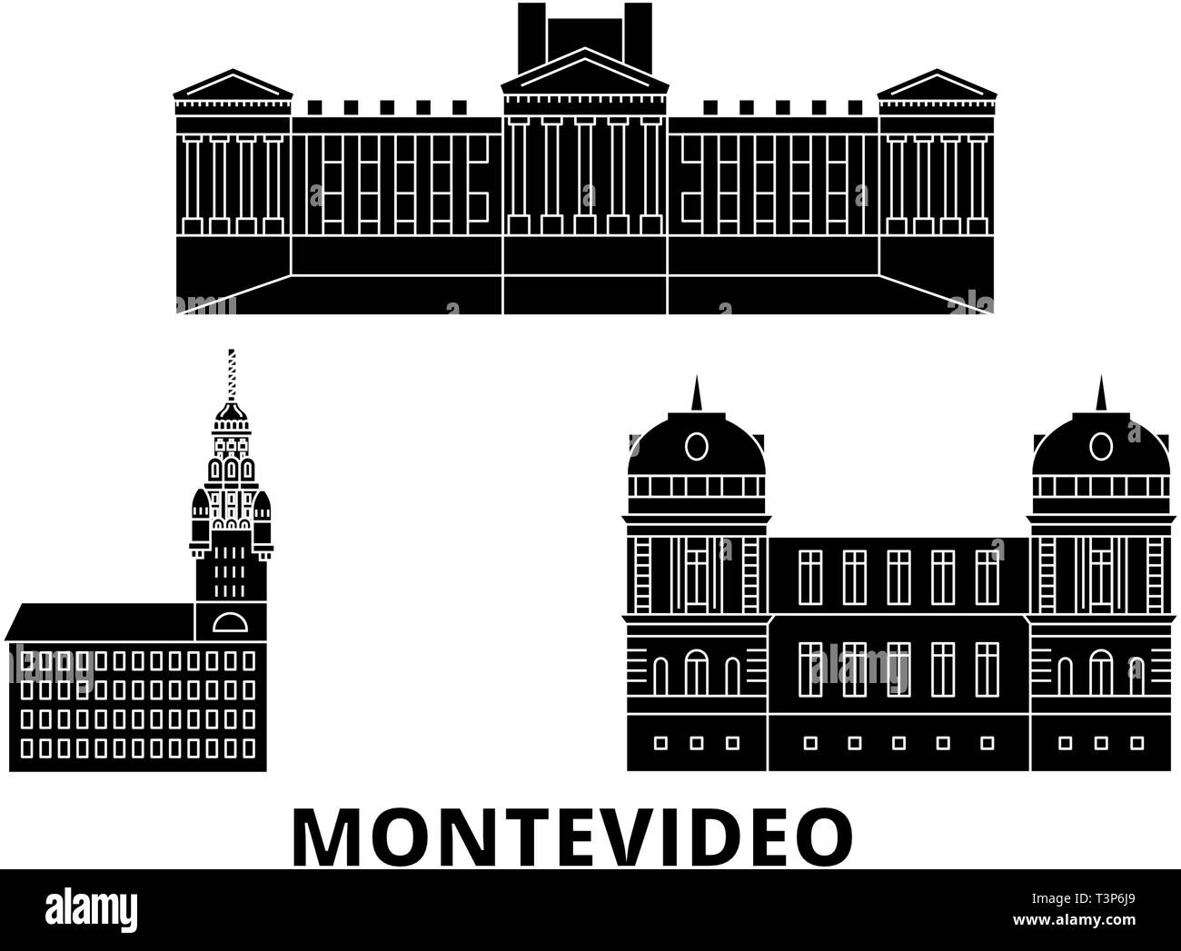 Uruguay , Montevideo flat travel skyline set. Uruguay , Montevideo black city vector illustration, symbol, travel sights, landmarks. Stock Vector