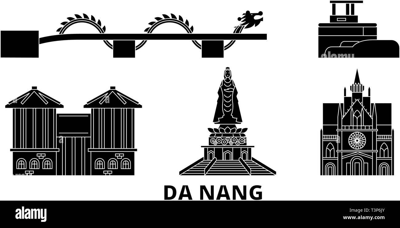 Vietnam, Da Nang flat travel skyline set. Vietnam, Da Nang black city vector illustration, symbol, travel sights, landmarks. Stock Vector