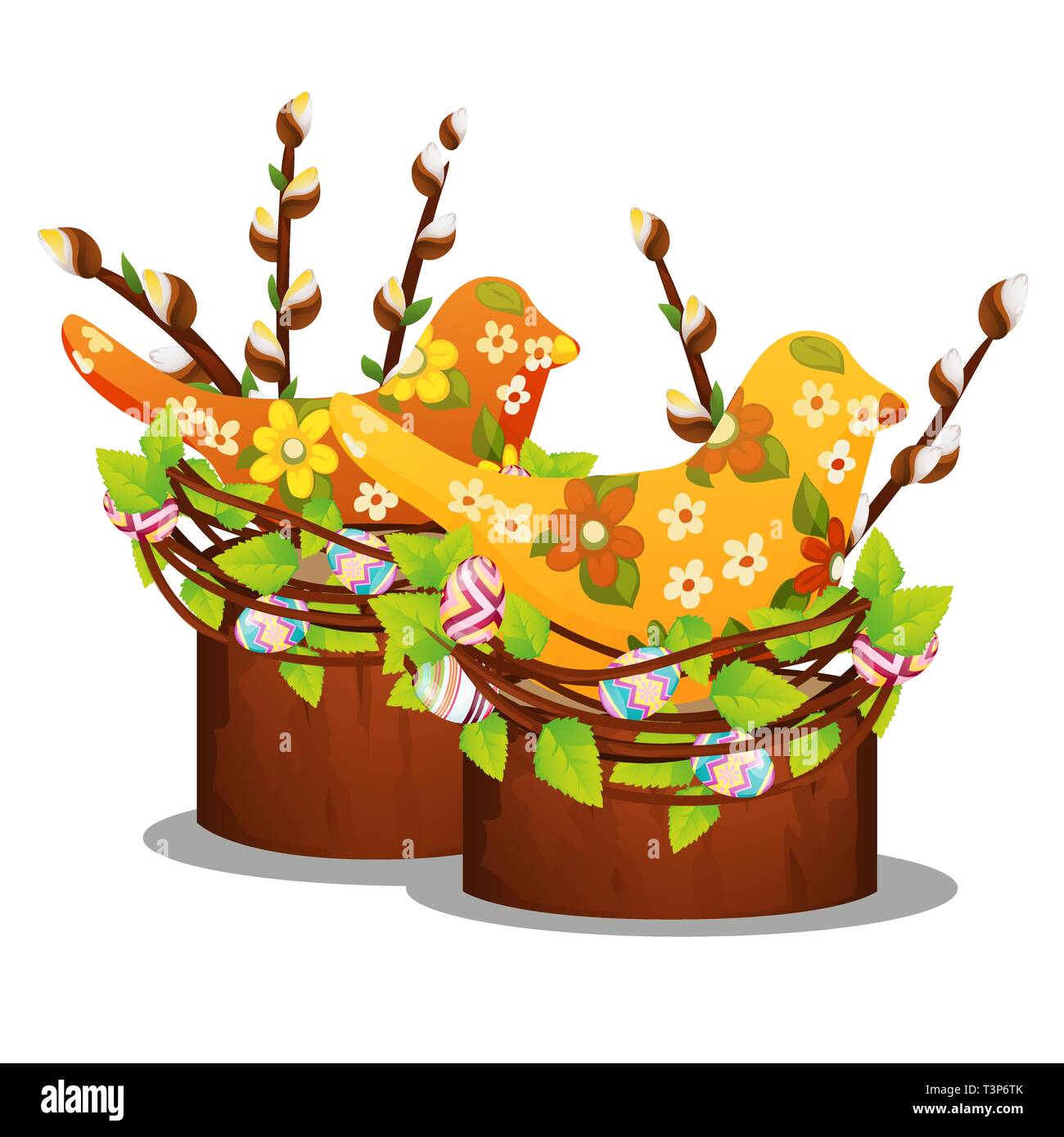 Easter decor with willow branches silhouettes of birds and colorful