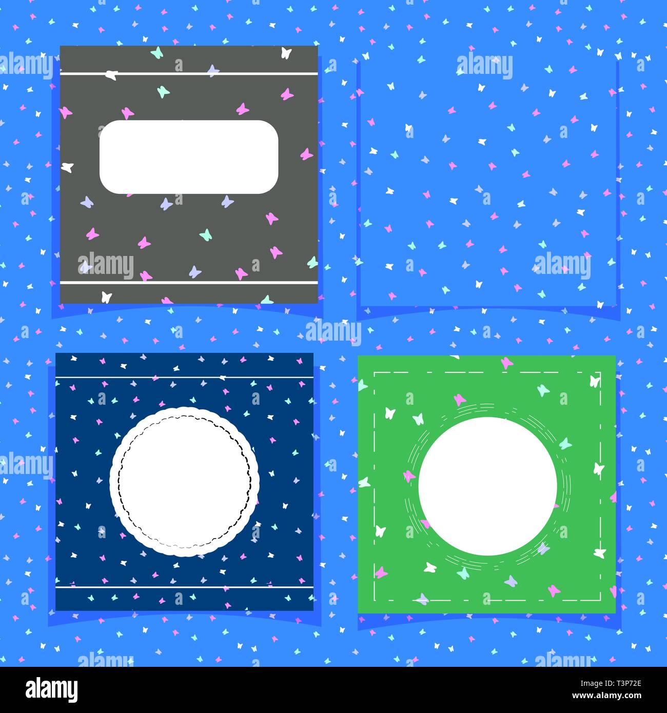 Set of cute cards with butterflies on a blue background. One seamless background and three templates for spring or summer cards, banners, packaging Stock Vector