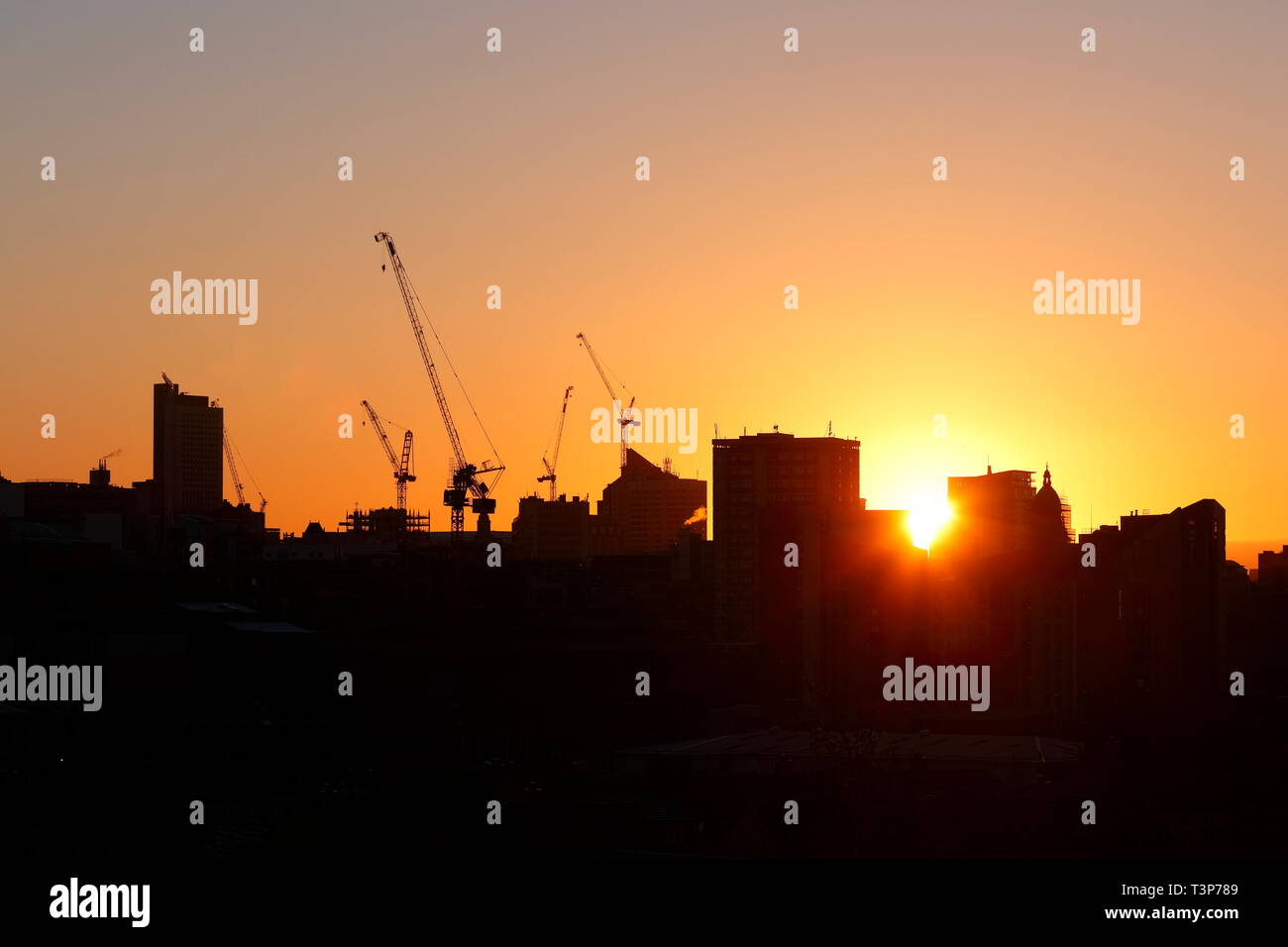 Sunrise over Leeds skyline which is currently under development Stock ...