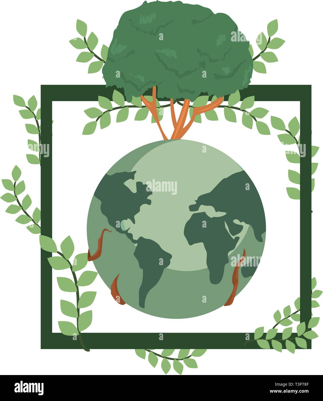world with tree root frame leaves earth day vector illustration Stock ...