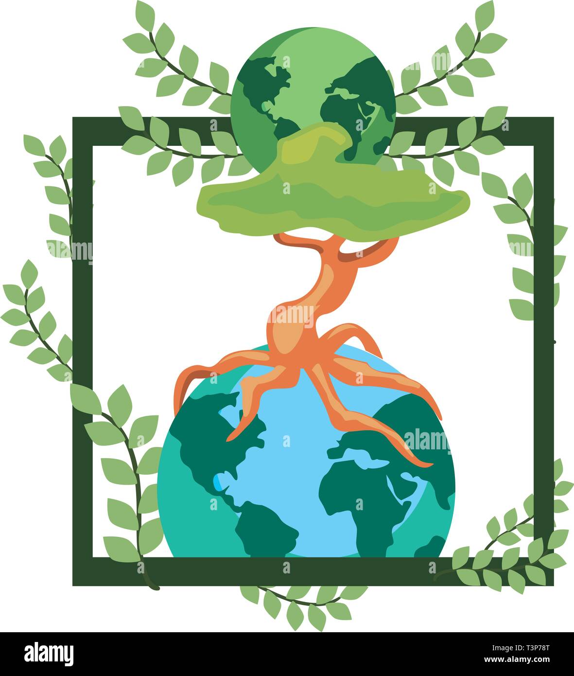 world with tree root frame leaves earth day vector illustration Stock ...