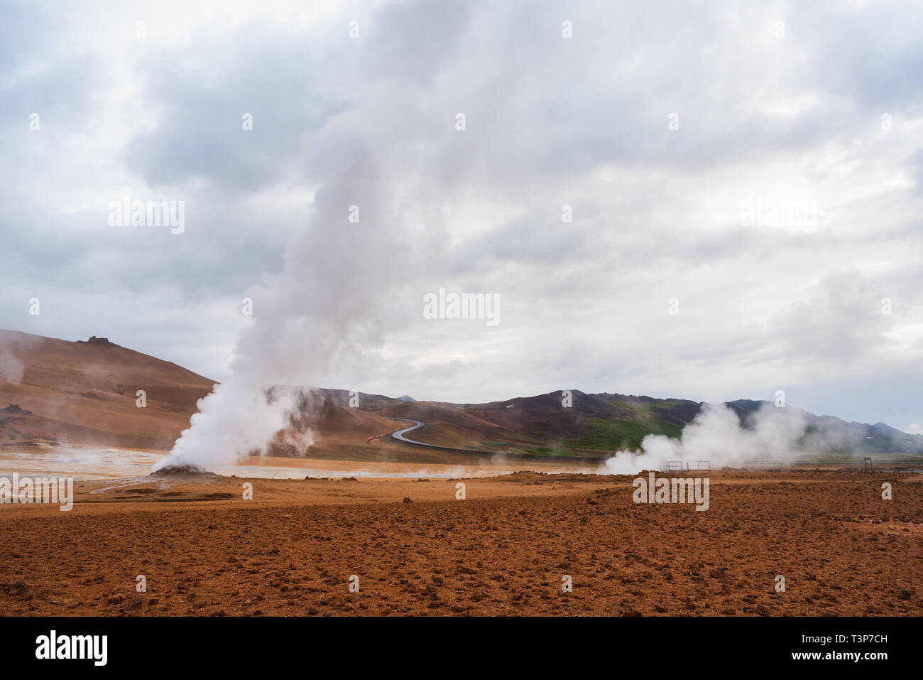 Landscape with eruption steam. Geothermal area Namafjall, Iceland, Europe. Overcast day Stock Photo