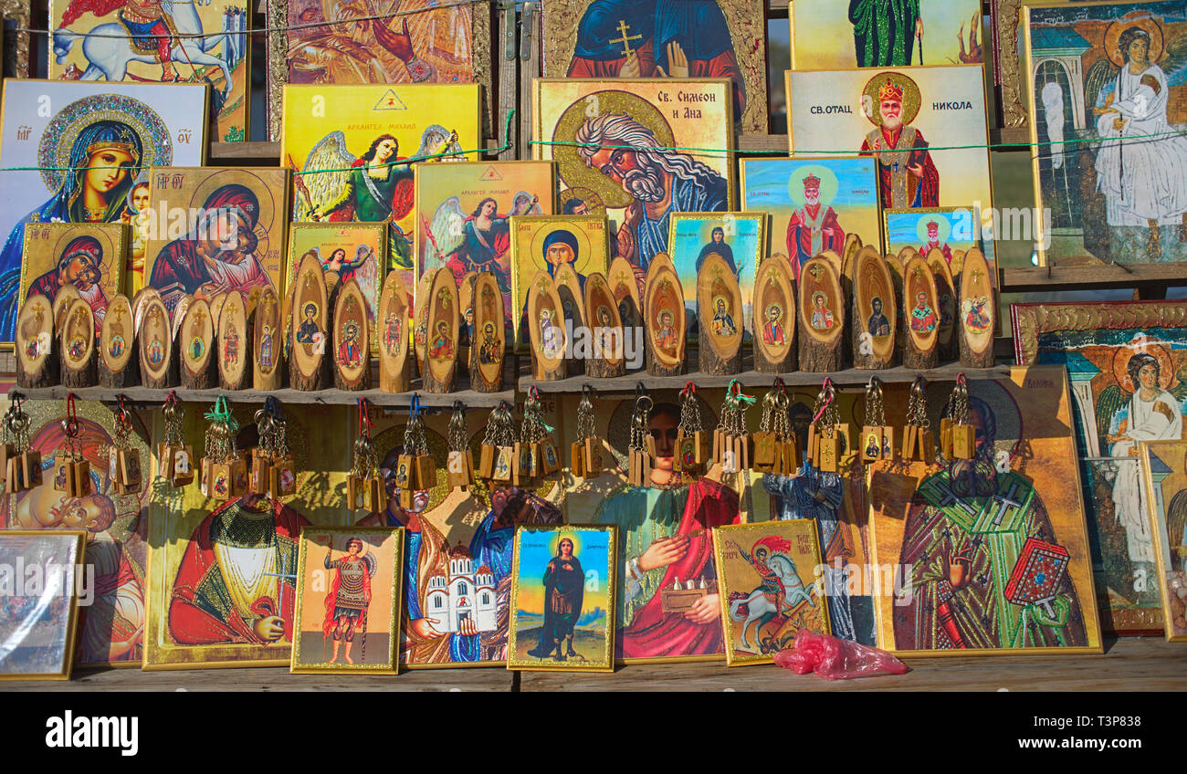 Various orthodox christian icons on display at market for sale Stock