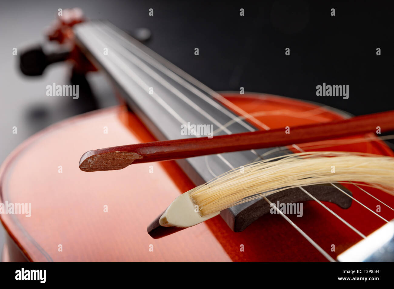 Broken bow to the violin. Damaged musical instrument. Dark background