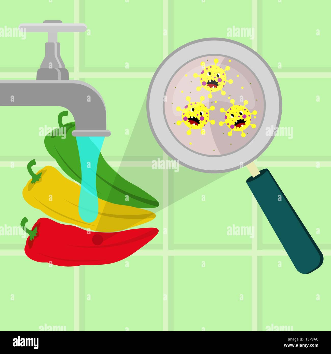 Chilli pepper contaminated with cartoon microbes being cleaned and washed in a kitchen. Microorganisms, virus and bacteria in the vegetable enlarged b Stock Vector