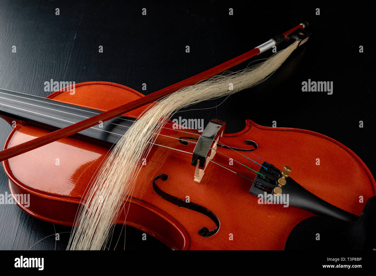 Broken bow to the violin. Damaged musical instrument. Dark background