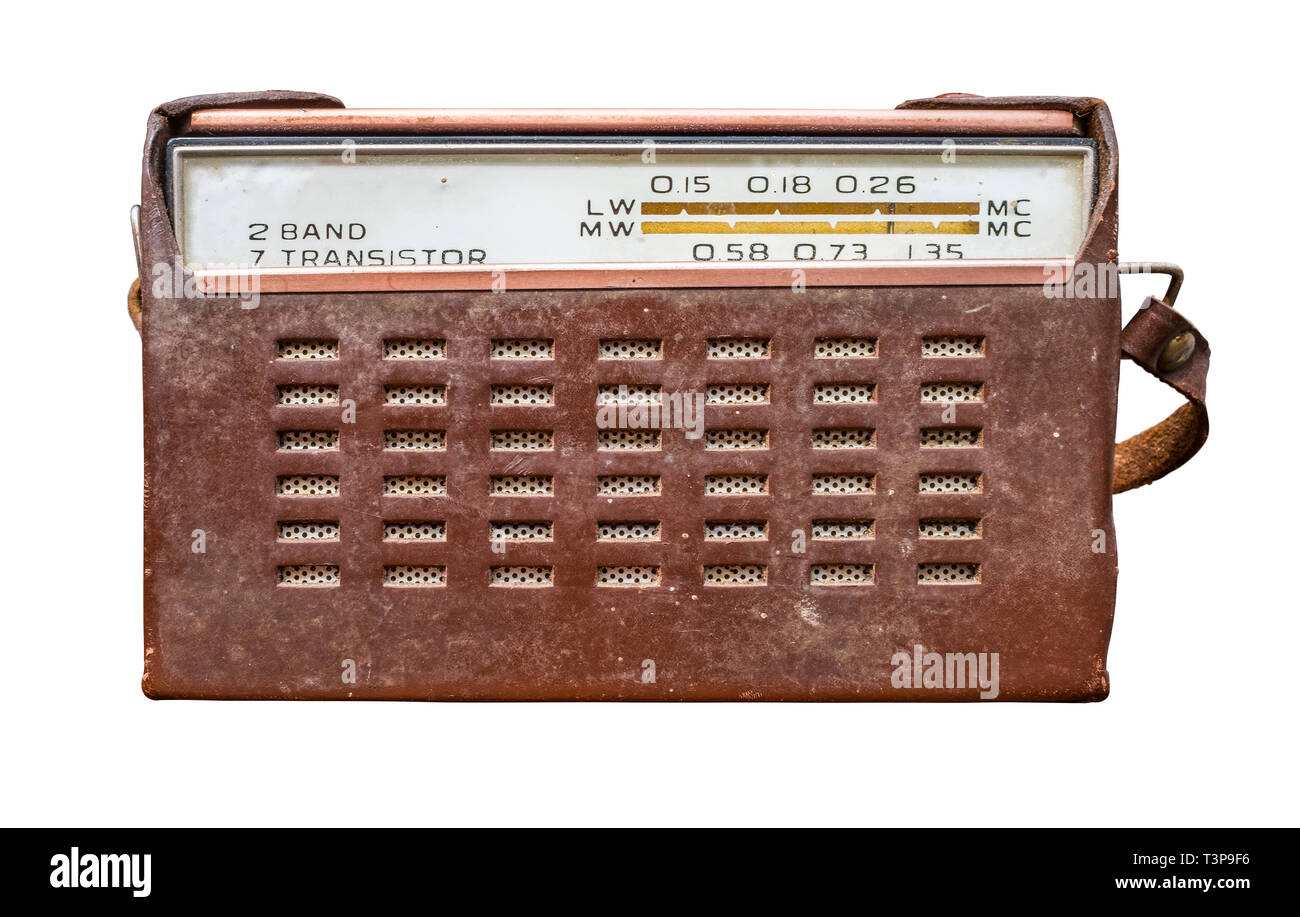 Isolated Vintage Retro Old Fashioned Transistor Radio In A Brown Leather Case Stock Photo