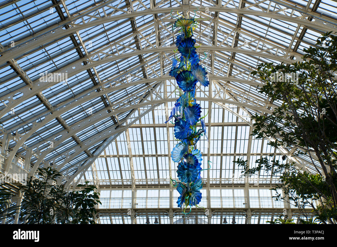'Opal and Gold Chandelier' a blown glass and steel sculpture by Dale Chihuly hanging in the Temperate House at Kew Gardens, London, UK Stock Photo