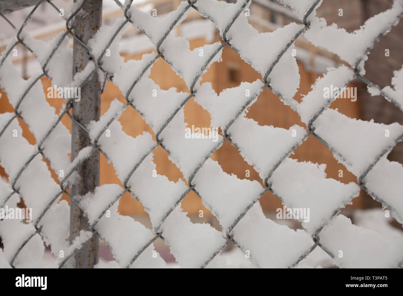 Close-up of chain link fence in winter snow. Stock Photo