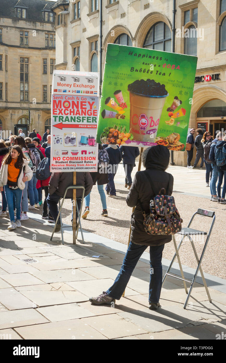 Advertising boards in Oxford for Bubble Tea and Money Exchange Transfer Stock Photo