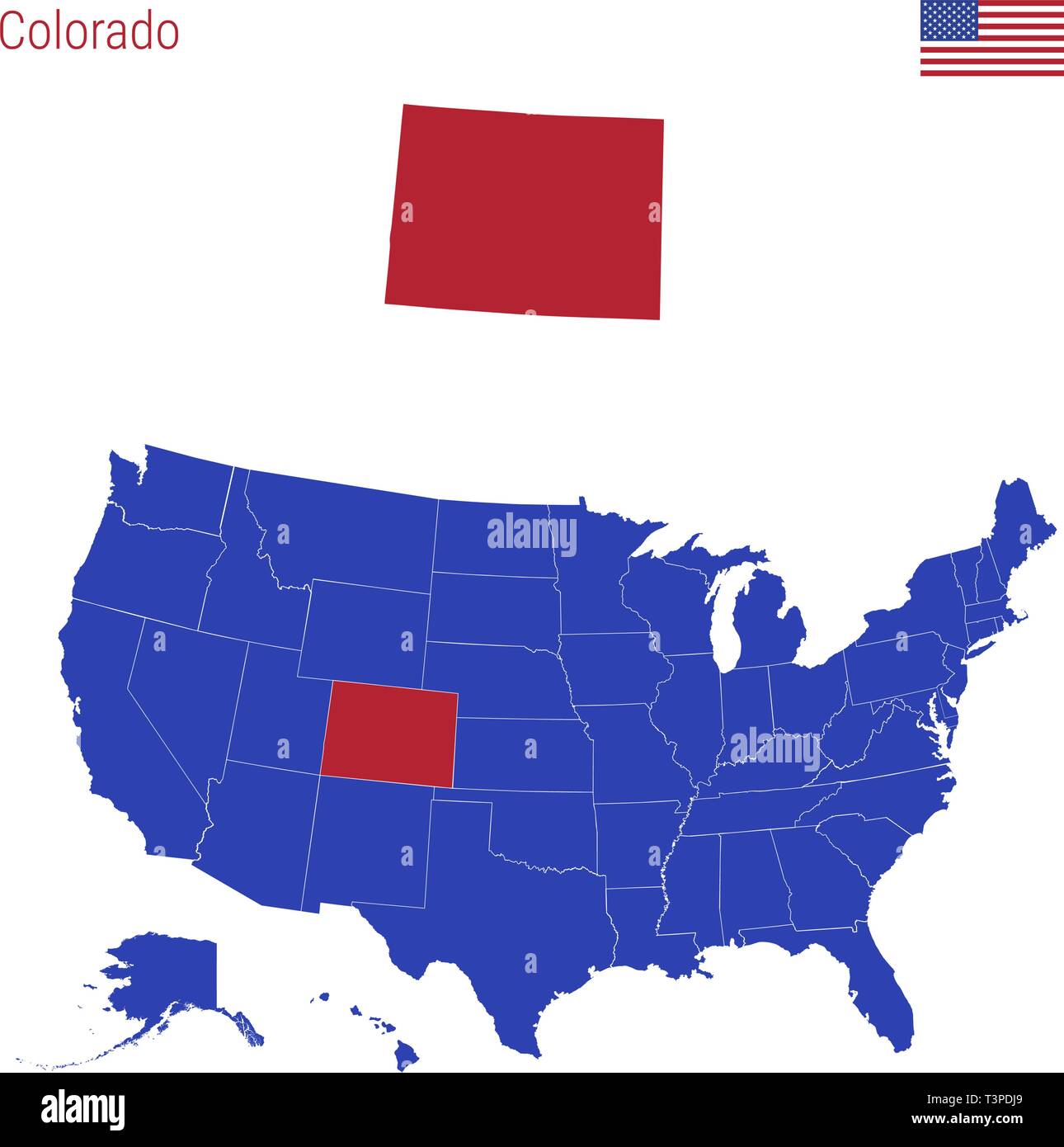 The State of Colorado is Highlighted in Red. Blue Vector Map of the