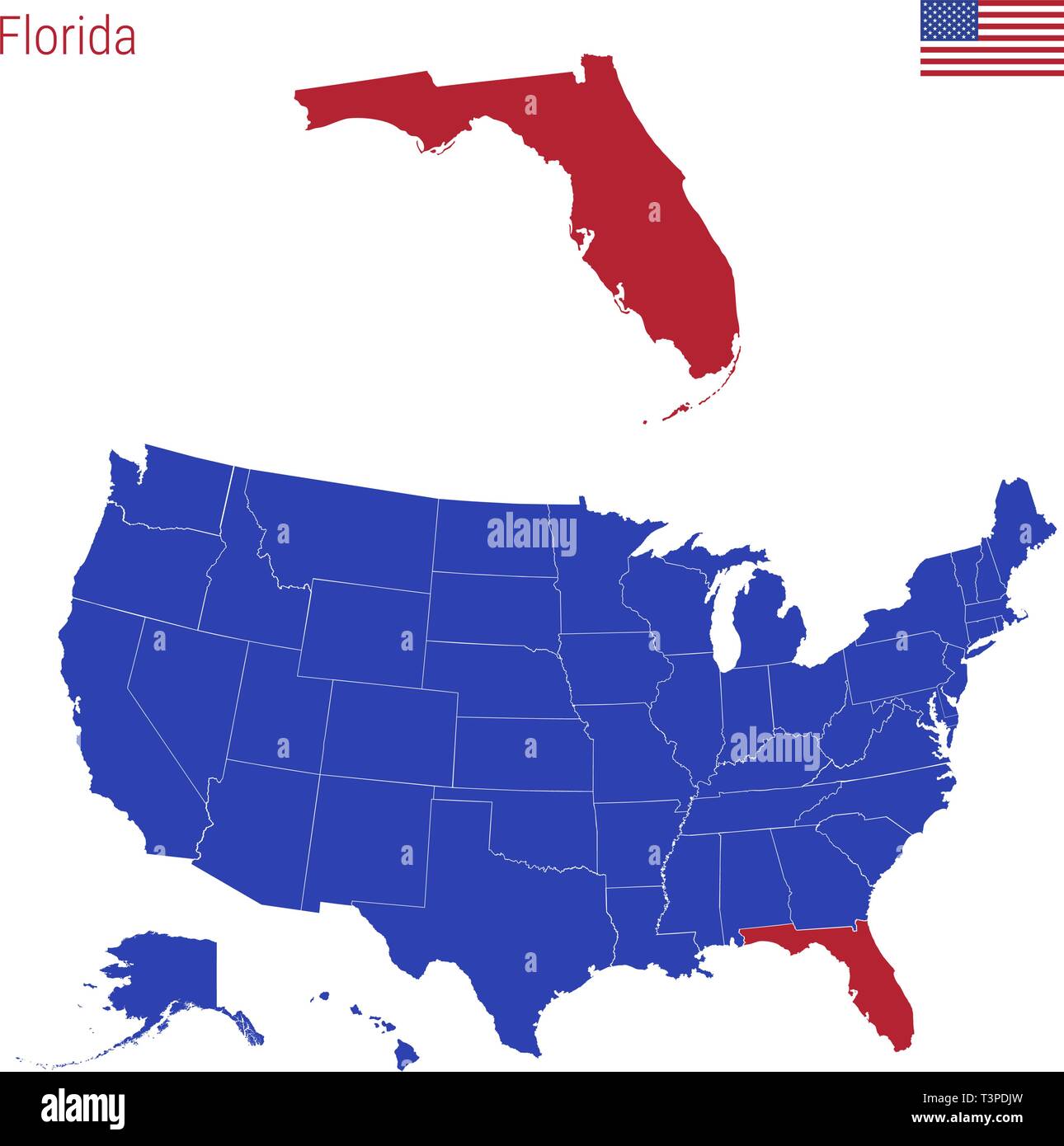 Florida On The Us Map The State Of Florida Is Highlighted In Red. Blue Vector Map Of The United  States Divided Into Separate States Stock Vector Image & Art - Alamy