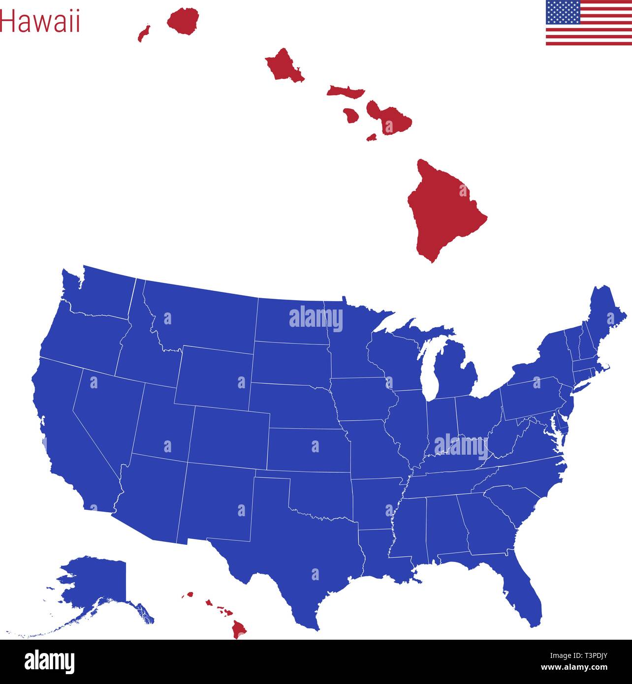 The State of Hawaii is Highlighted in Red. Blue Vector Map of the