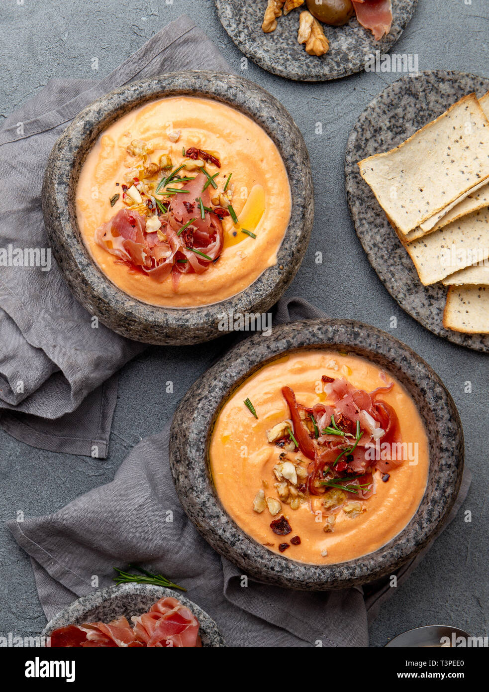 Spanish cold tomato soup Salmorejo. Traditional tomato soup with white