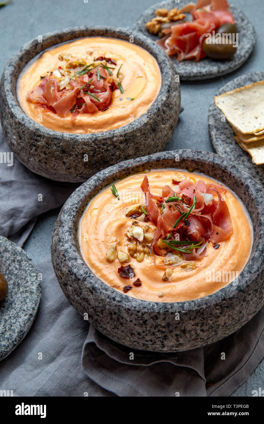 Spanish cold tomato soup Salmorejo. Traditional tomato soup with white
