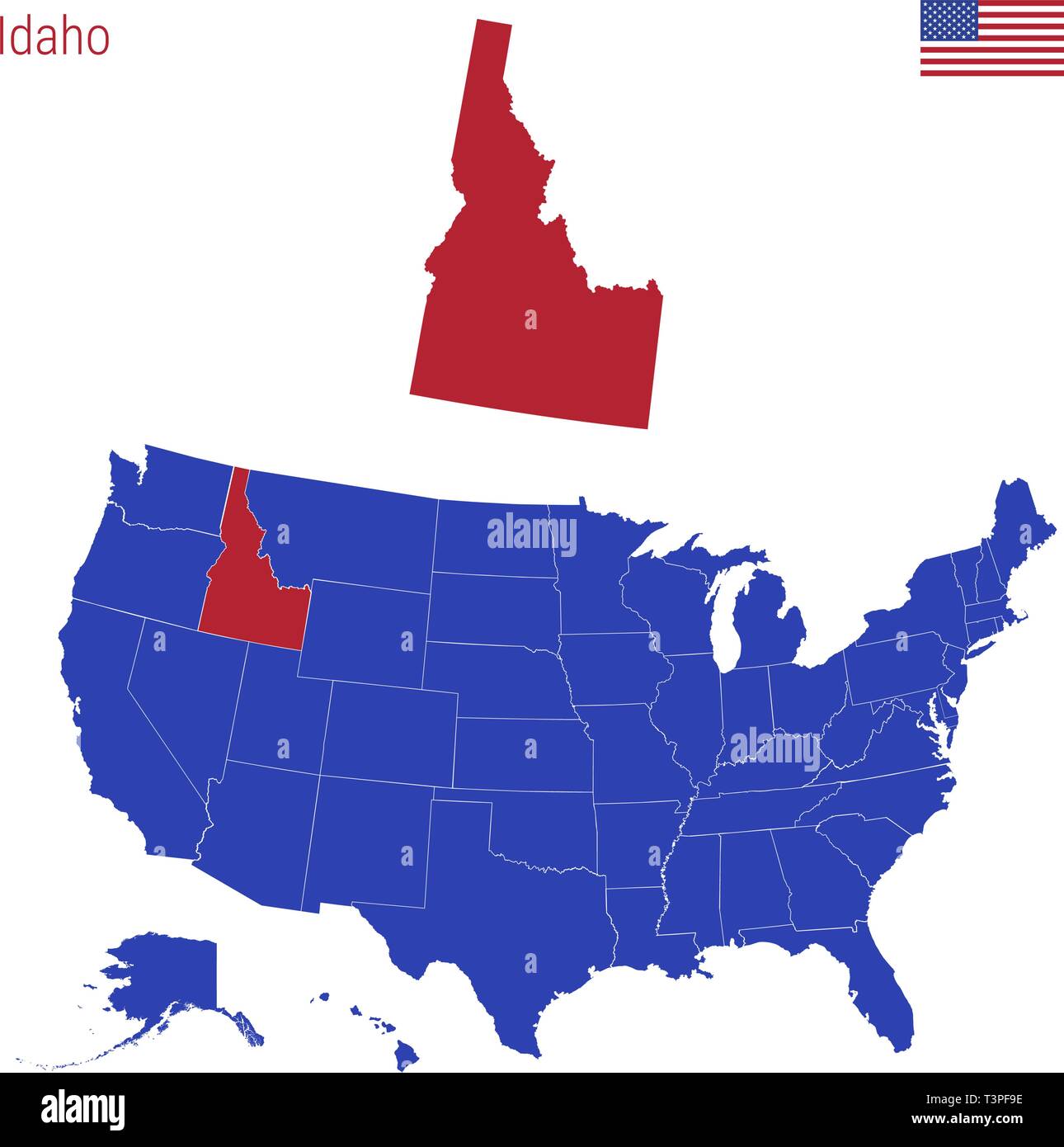 The State of Idaho is Highlighted in Red. Blue Vector Map of the United