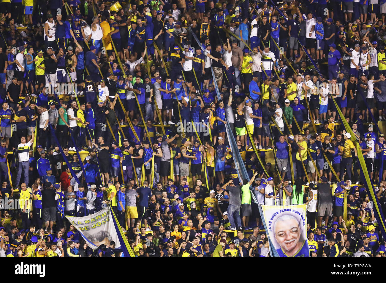 Buenos Aires, Argentina - April 10, 2019: Boca Juniors barra brava before the match starts against Wilstermann in the bombonera in Buenos Aires, Argen Stock Photo