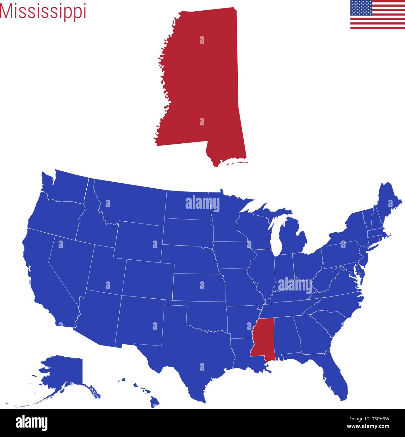 The State of Mississippi is Highlighted in Red. Vector Map of the