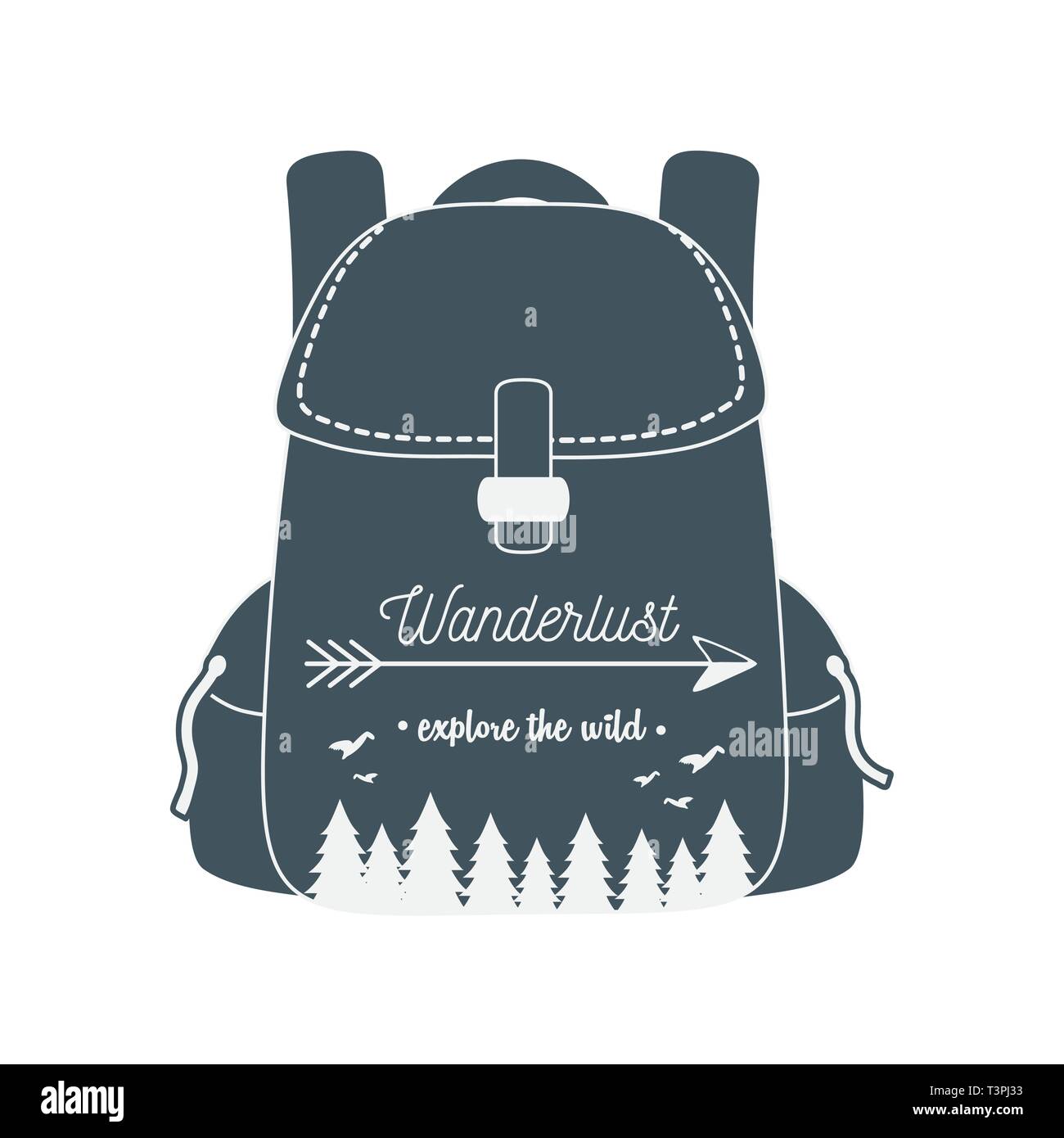 wanderlust label with forest scene in travelbag vector illustration