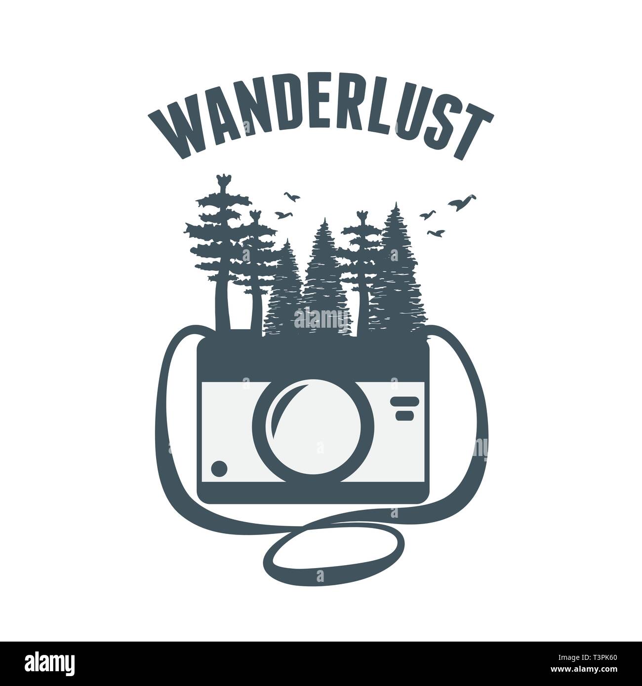 wanderlust label with forest scene and camera vector illustration