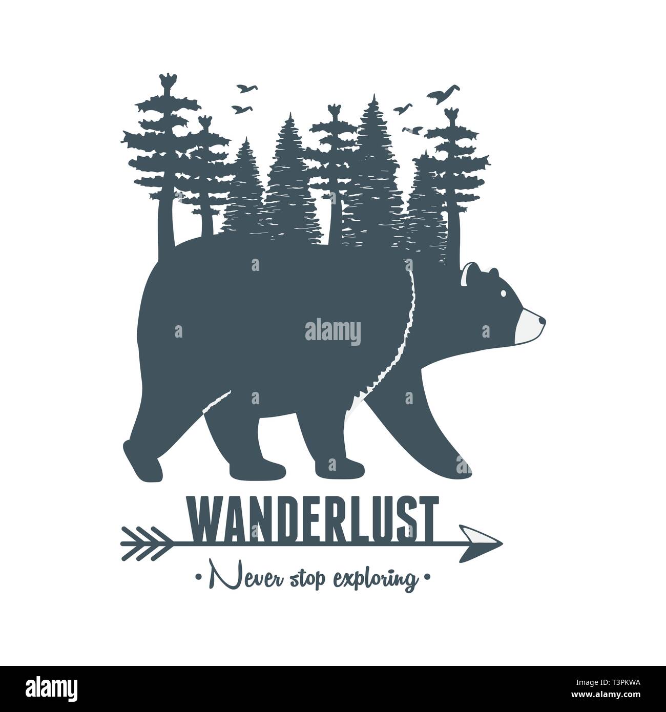 wanderlust label with forest scene and grizzly bear vector illustration