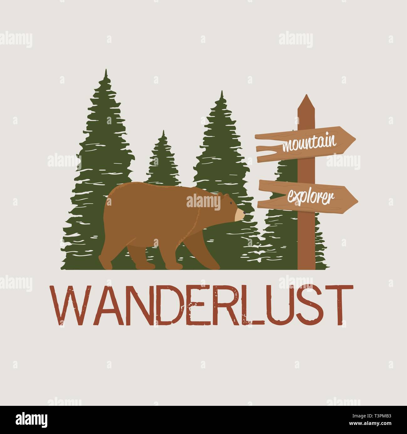 wanderlust label with landscape and bear grizzly scene vector