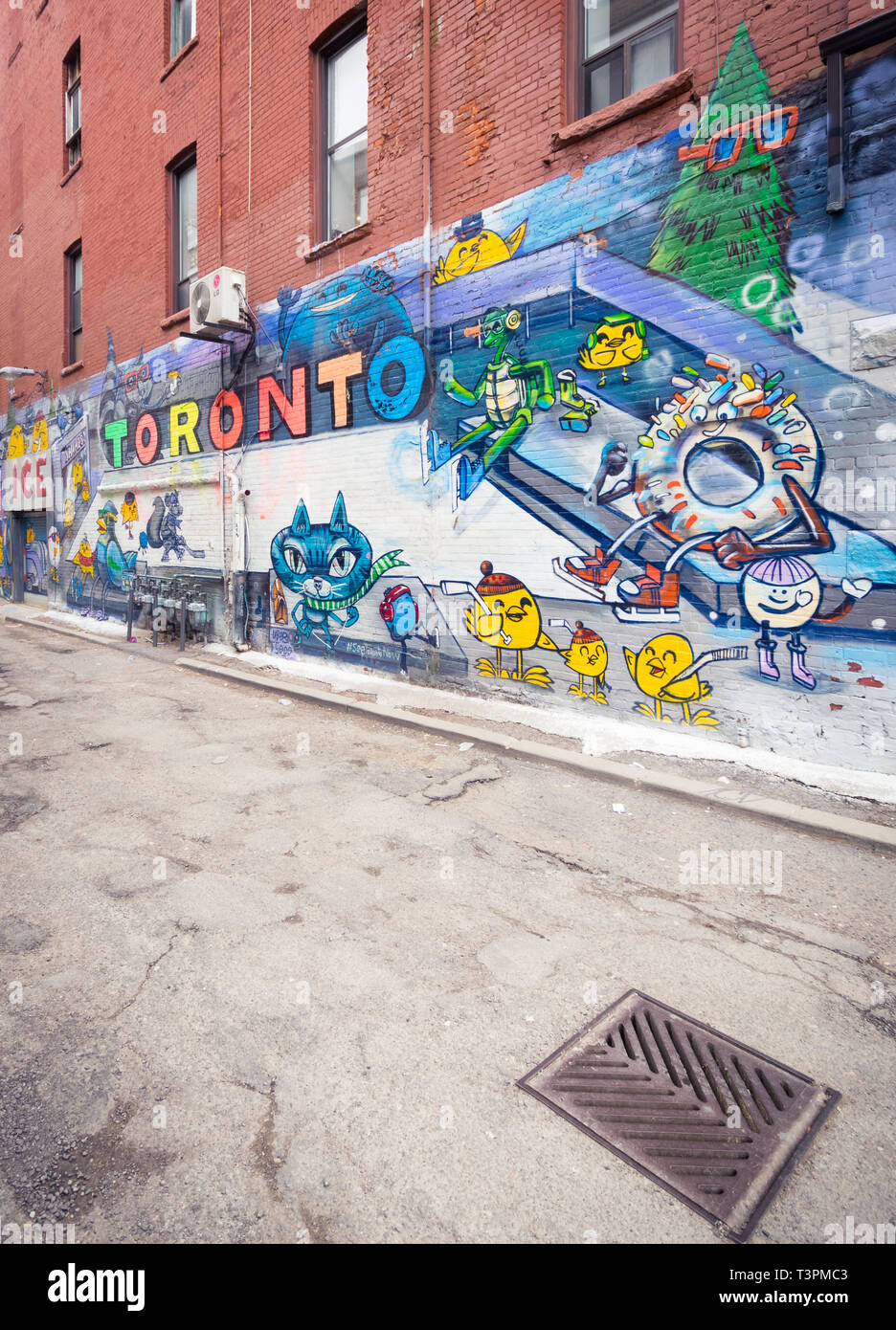 Brilliant urban art and murals on Graffiti Alley (Rush Lane), in the Queen Street West district of Toronto, Ontario, Canada. Stock Photo