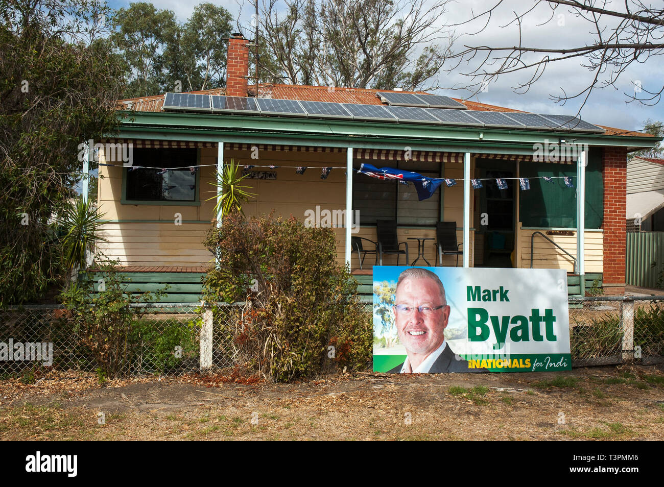 A bungalow in Violet Town, northeast Victoria, displays a National Party's candidate's placard ahead of the May 2019 Australian federal election. At the last election the Nationals, part of the governing coalition, lost this seat to an independent . Stock Photo