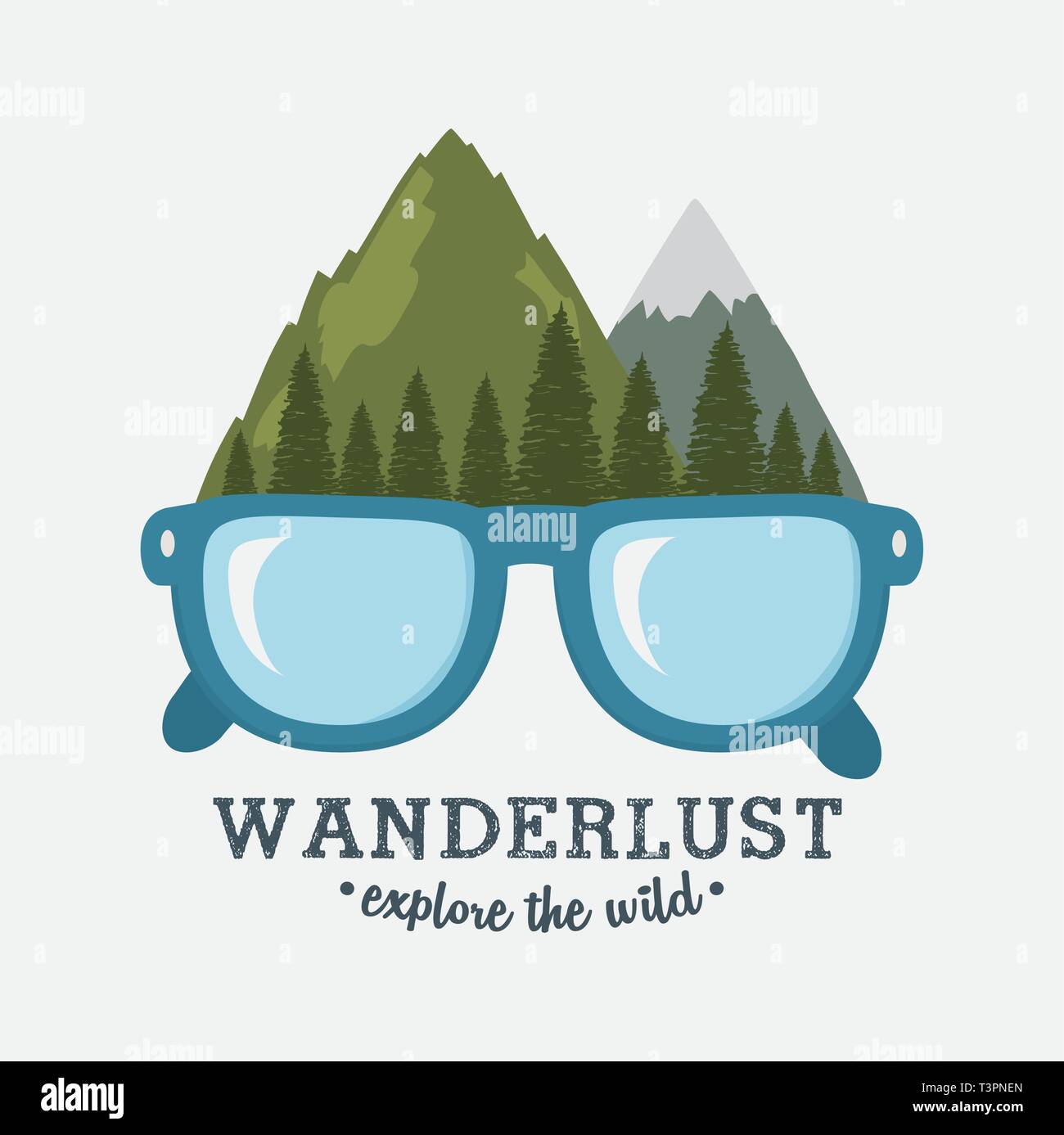 wanderlust label with forest scene and eyeglasses vector illustration