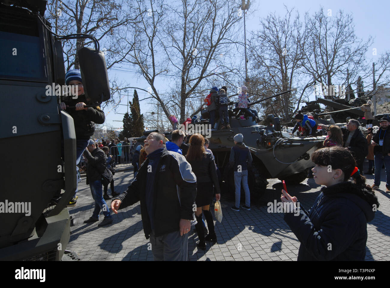 Sevastopol.Crimea/Russia-3.18.2019.Сelebration of fifth anniversary of russian Crimea annexation military army parade rally of Putin supporters people Stock Photo