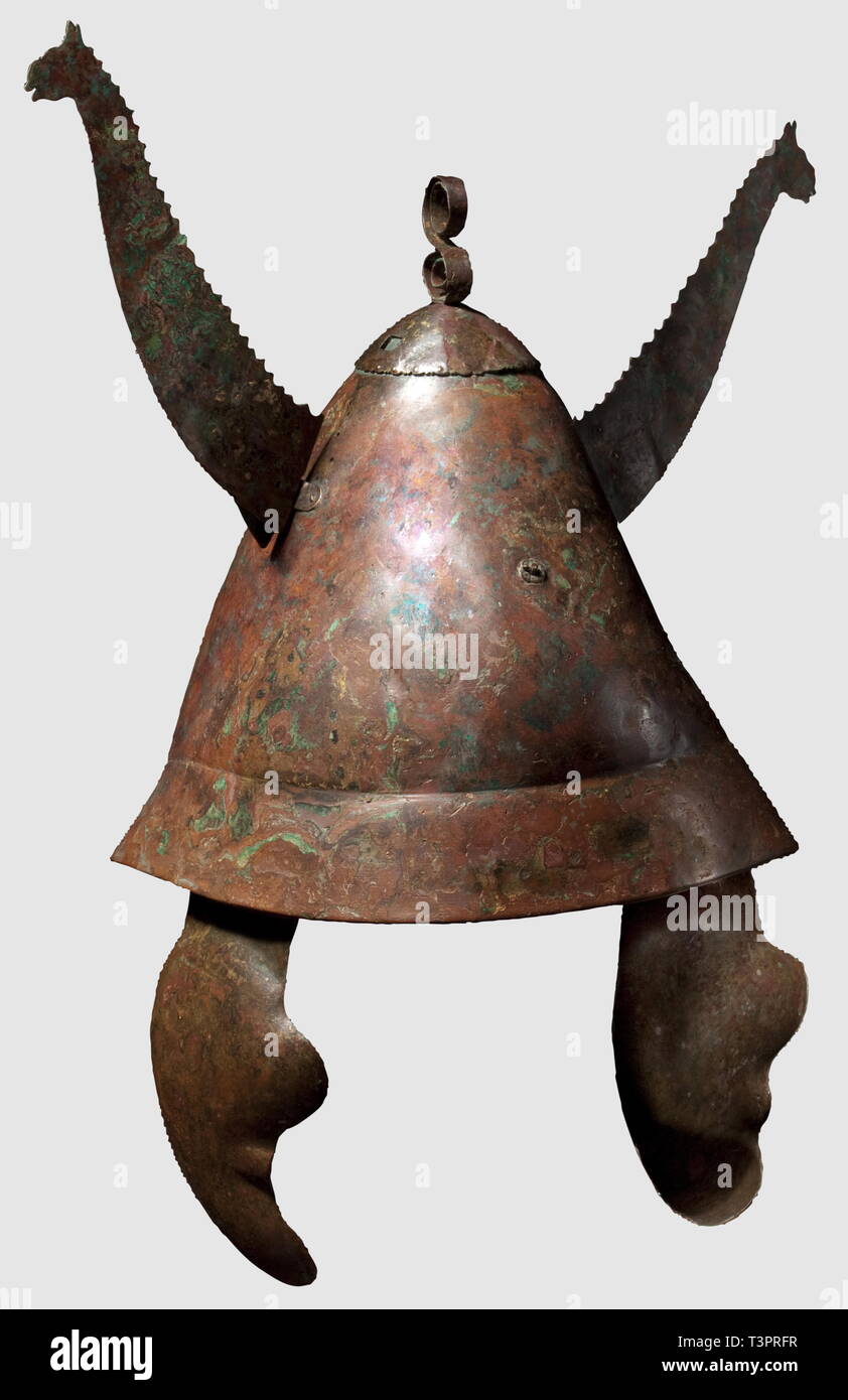 Body armour, helmets, Konos helmet, Greek-Italic, bronze, with decorative appliances in form of sea snakes, 4th / 3rd century BC, Additional-Rights-Clearance-Info-Not-Available Stock Photo