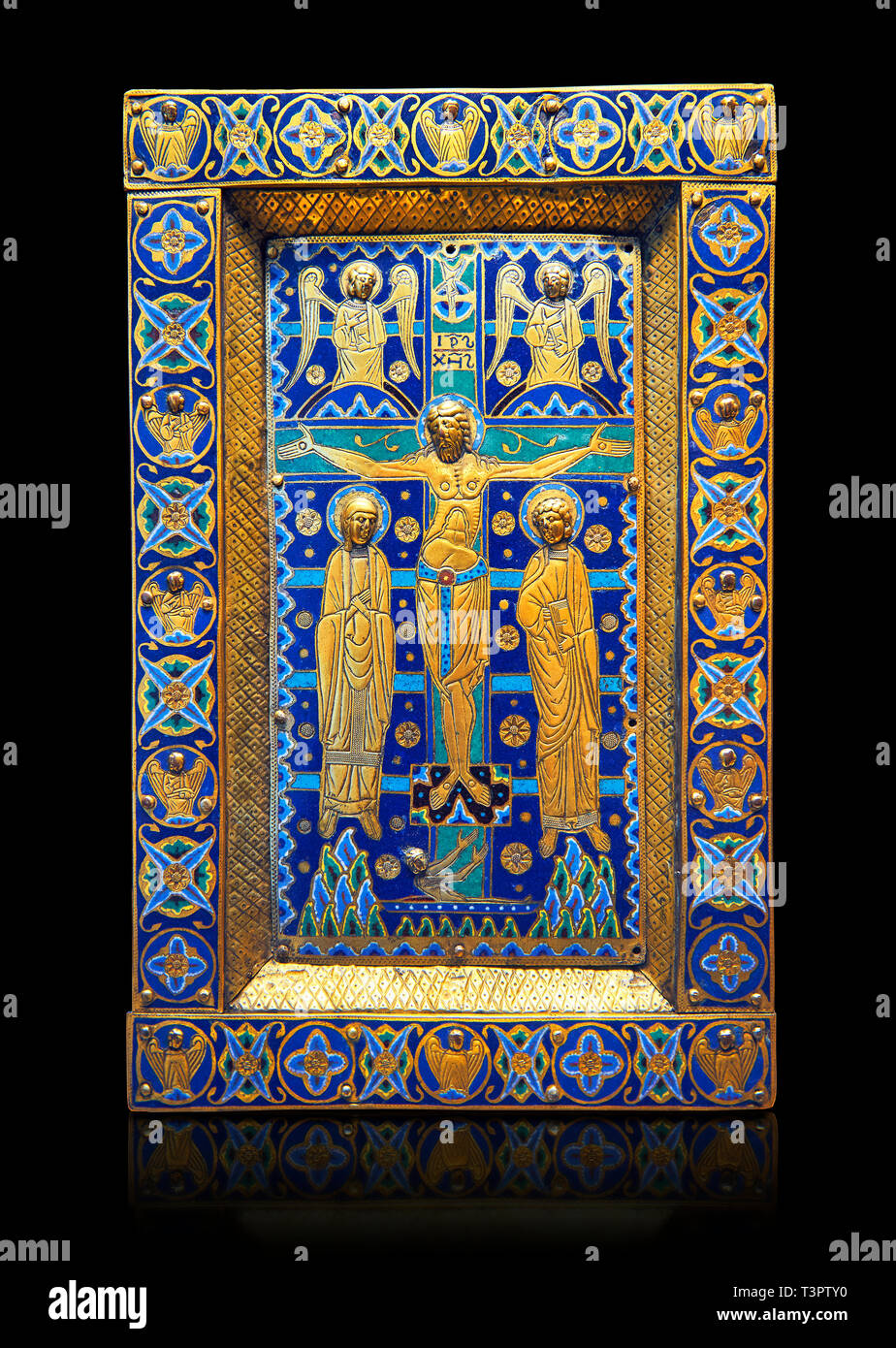 Medieval enamelled panel depicting the Crucifixion, end of 12th cent from Limoges, enamel on gold. AD. Inv OA 7285, The Louvre Museum, Paris. Stock Photo