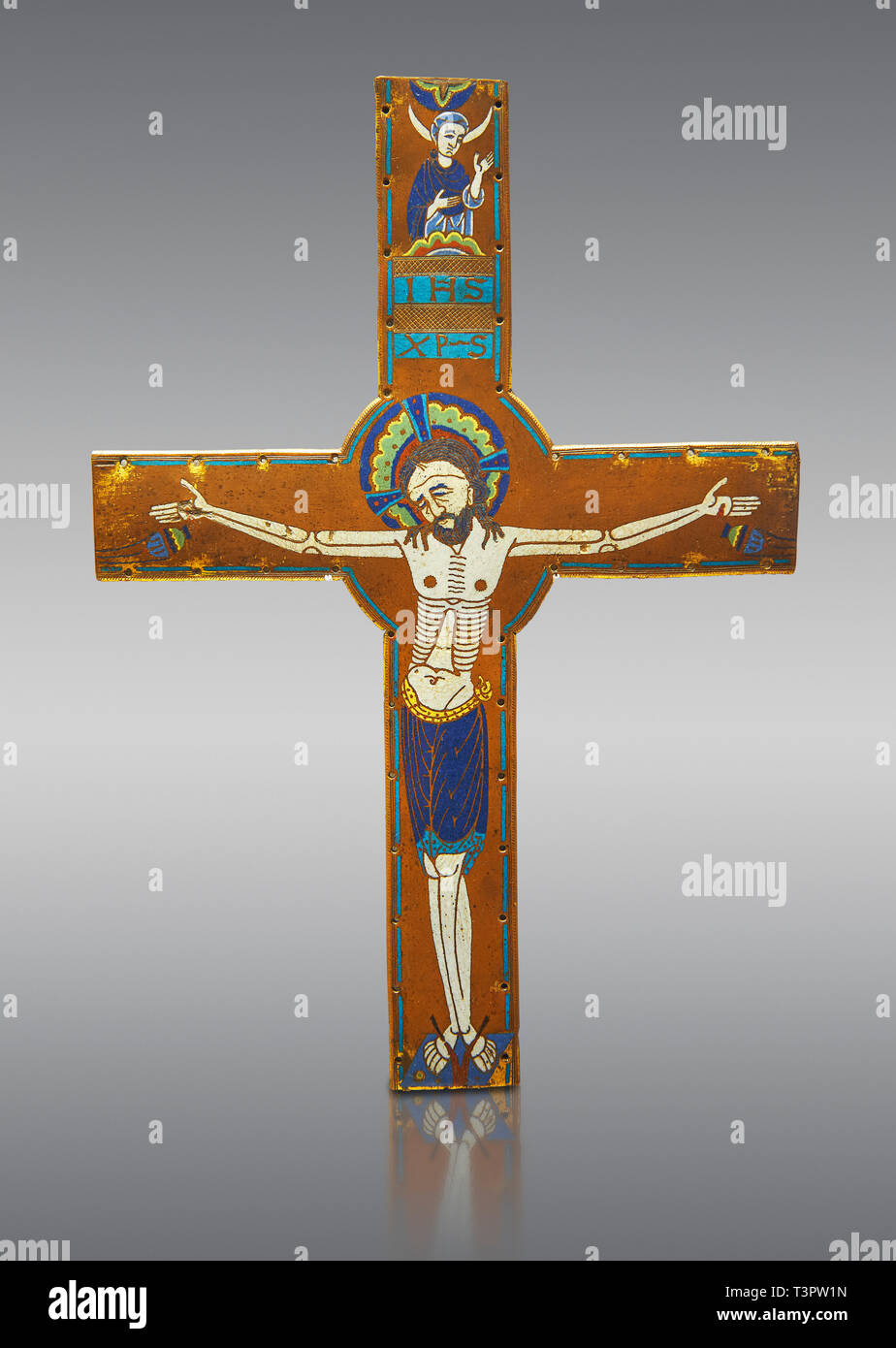 Medieval enamelled crucifix, circa end of 12th century from Limoges, enamel on gold. AD. Inv OA 2956, The Louvre Museum, Paris. Stock Photo