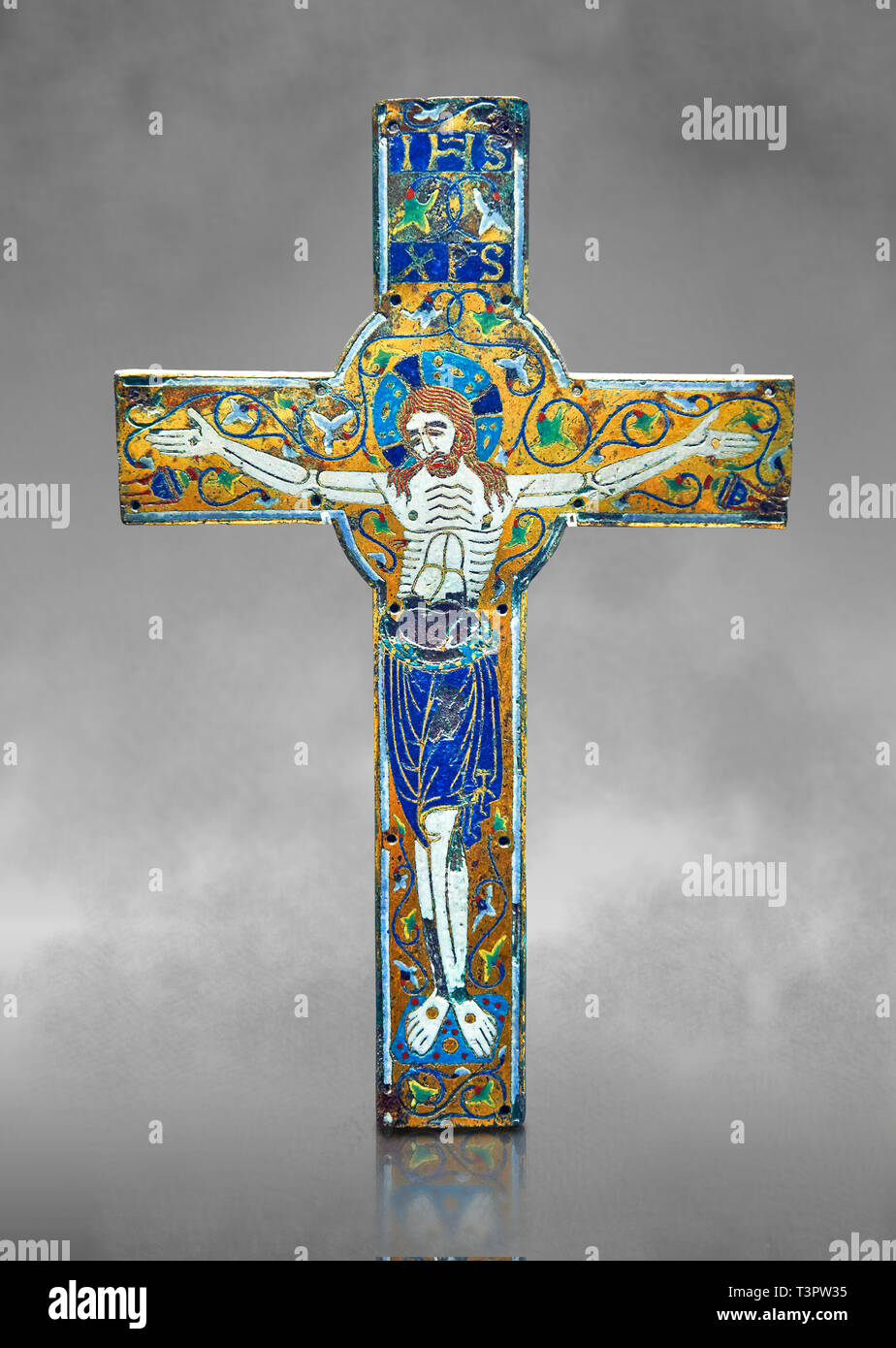 Medieval enamelled crucifix, end of the 12th century from Limoges, enamel on gold. AD. Inv OA 7284, The Louvre Museum, Paris. Stock Photo