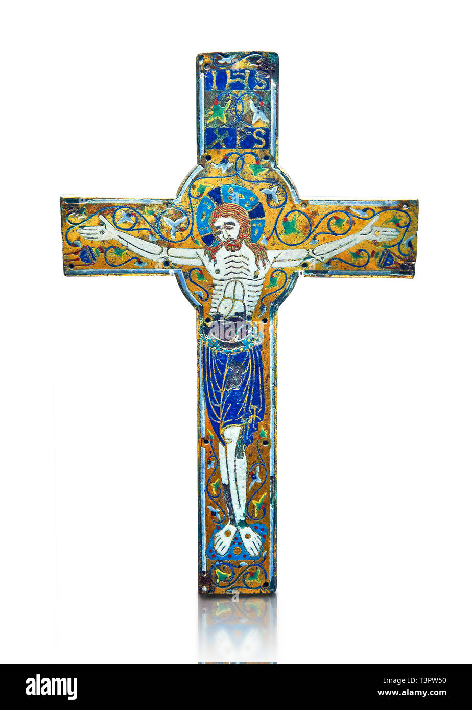 Medieval enamelled crucifix, end of the 12th century from Limoges, enamel on gold. AD. Inv OA 7284, The Louvre Museum, Paris. Stock Photo