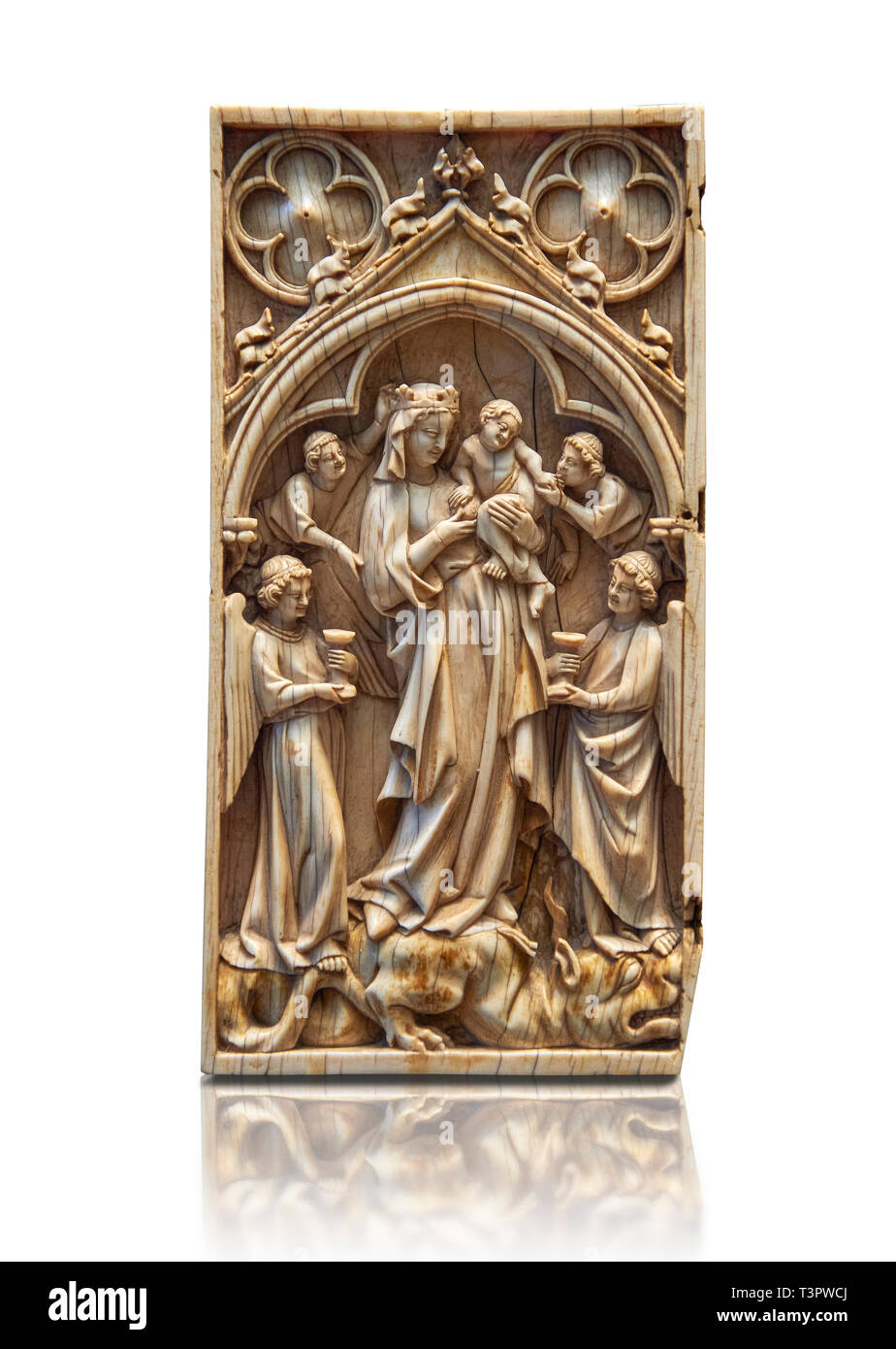 Medieval Gothic ivory diptych depicting the Virgin and child,  made in Paris in the first quarter of the 14th century.  inv 11097, The Louvre Museum,  Stock Photo