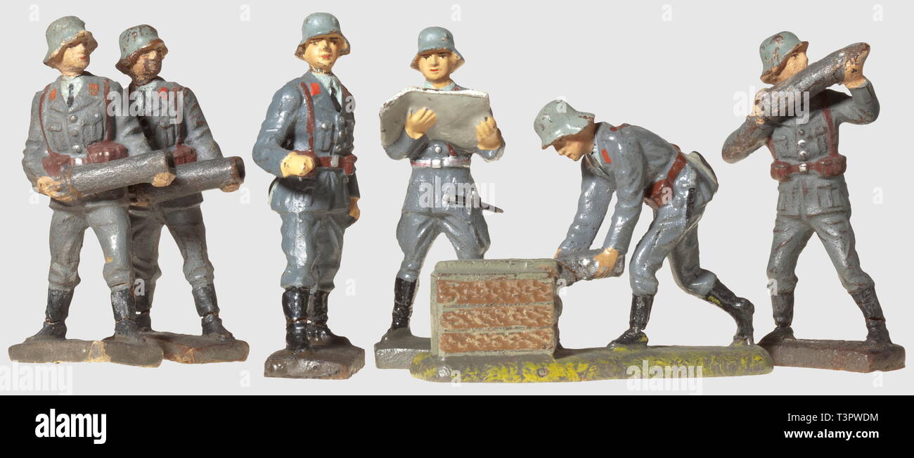 TOYS, six flak soldiers in action, Lineol, 1930s, Editorial-Use-Only Stock Photo
