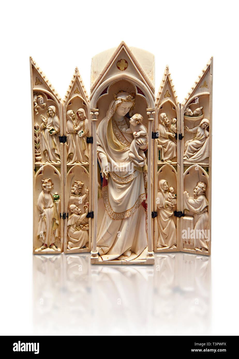 Medieval Gothic ivory tabernacle depicting the Virgin and Child with scenes from the Annunciation, Nativity, the adoration of the Magi and the present Stock Photo