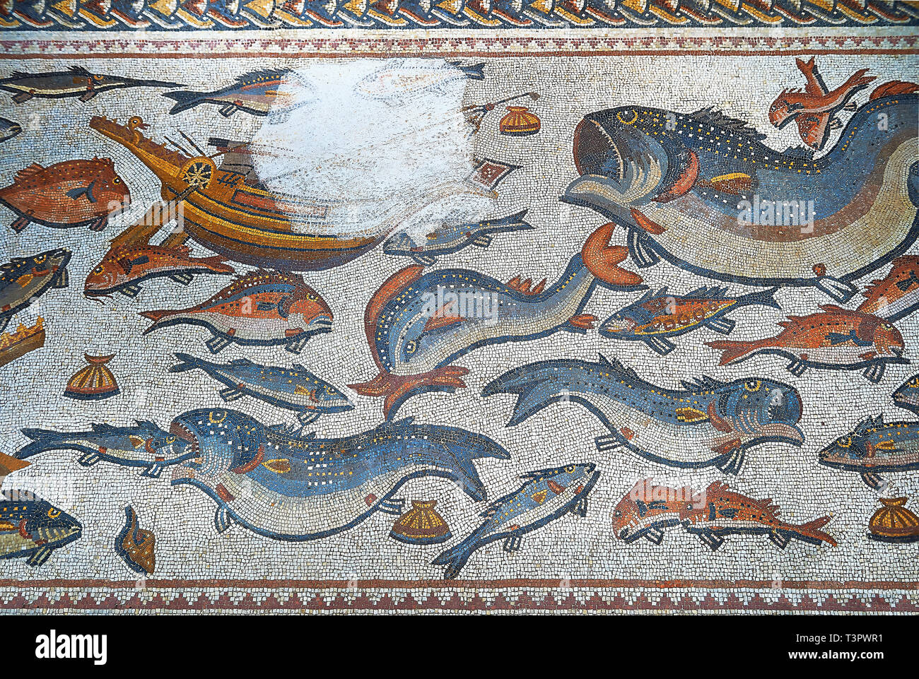 Fish and marine life from the 3rd century Roman mosaic villa floor from Lod, near Tel Aviv, Israel. The Roman floor mosaic of Lod is the largest and b Stock Photo