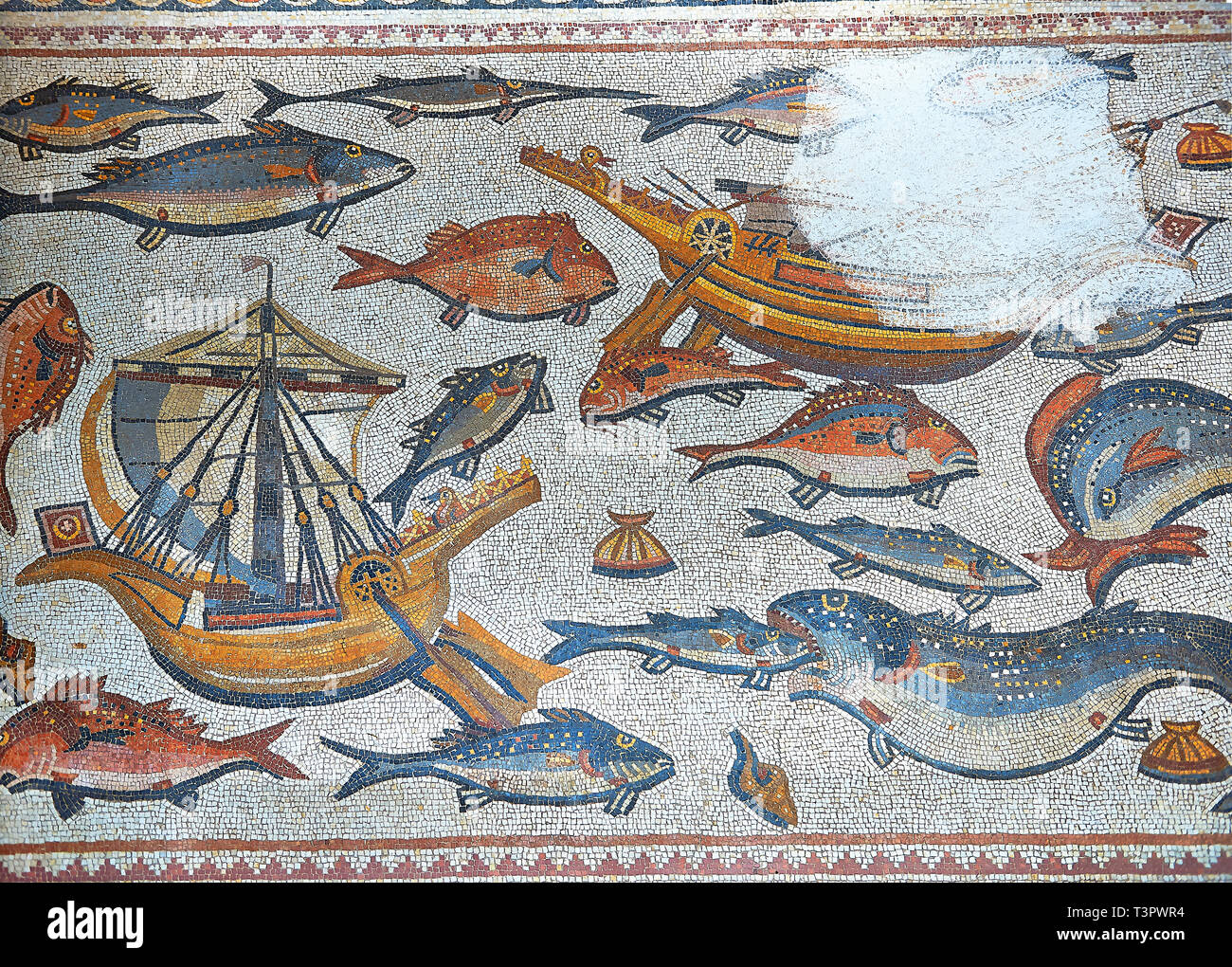 Fish and marine life from the 3rd century Roman mosaic villa floor from Lod, near Tel Aviv, Israel. The Roman floor mosaic of Lod is the largest and b Stock Photo