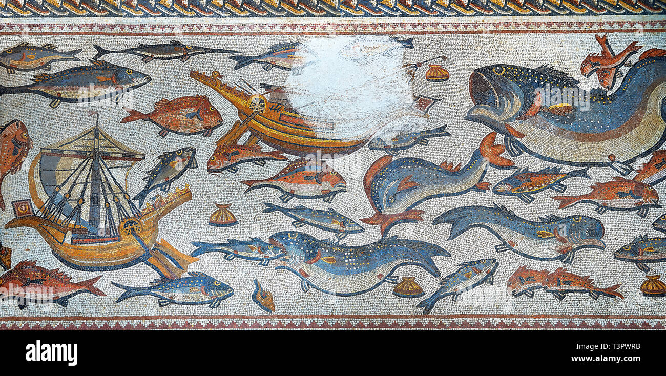 Fish and marine life from the 3rd century Roman mosaic villa floor from Lod, near Tel Aviv, Israel. The Roman floor mosaic of Lod is the largest and b Stock Photo