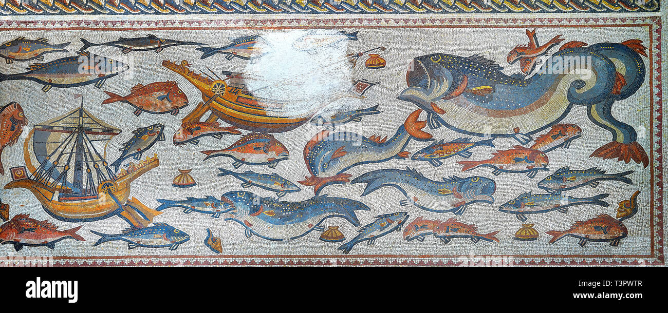 Fish and marine life from the 3rd century Roman mosaic villa floor from Lod, near Tel Aviv, Israel. The Roman floor mosaic of Lod is the largest and b Stock Photo