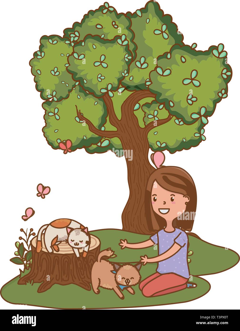 childhood happy child girl with little cute pets at outdoor scene cartoon vector illustration graphic design Stock Vector